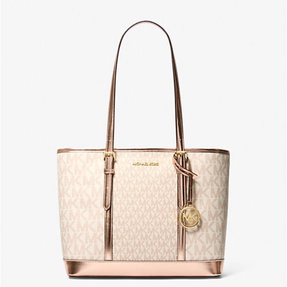Michael Kors Jet Set Travel Metallic Logo Top-Zip Tote Bag Rose Gold New Sealed - Picture 4 of 10